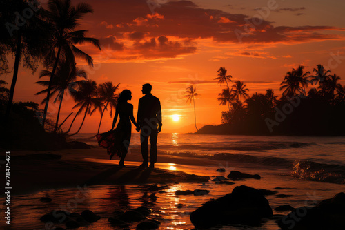 Couple in love walks along the beach at sunset holding hands