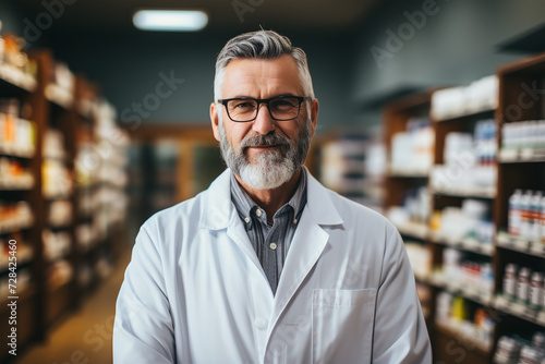 Smiling senior pharmacist with arms crossed in a drugstore