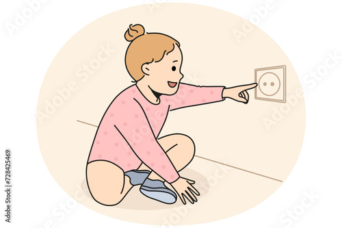Happy cute girl child stretch finger to electrical socket at home. Smiling kid play with dangerous electricity outlet in apartment. Children and danger. Vector illustration.