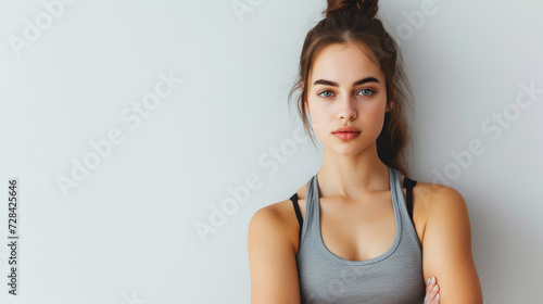 A relaxed young woman in a gray tank top leans against a white wall, looking contemplative.