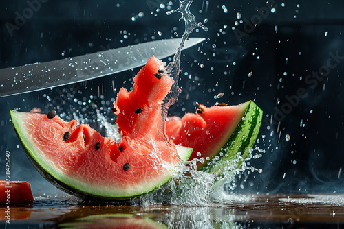 watermelon slices with knife and water drops and splashes on dark blue background