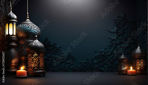 Abstract colorful islamic background with arabic geometric texture. Golden lined tiled motif. ramadan background with copy space photo