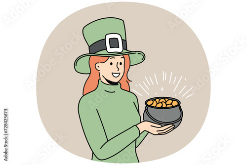 Smiling woman in green costume hold pot of gold. Happy girl follow irish traditions for saint Patrick day. Vector illustration.