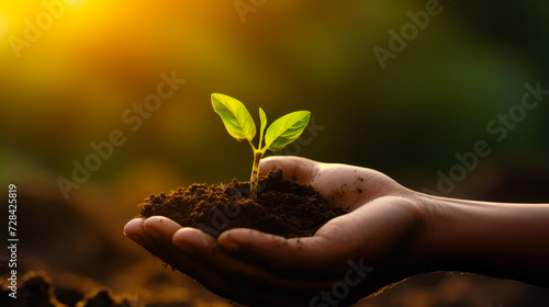 Hand holding a seedling with soil. Environmental conservation. Reforestation concept. Ecosystem restoration.