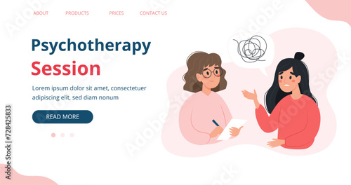 Psychotherapy session - woman talking to psychologist. Mental health banner or landing page template, vector illustration in flat style