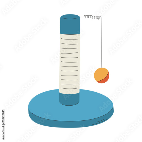 A scratching post with a toy ball for a cat. A pet care item. A flat vector illustration isolated on a white background.