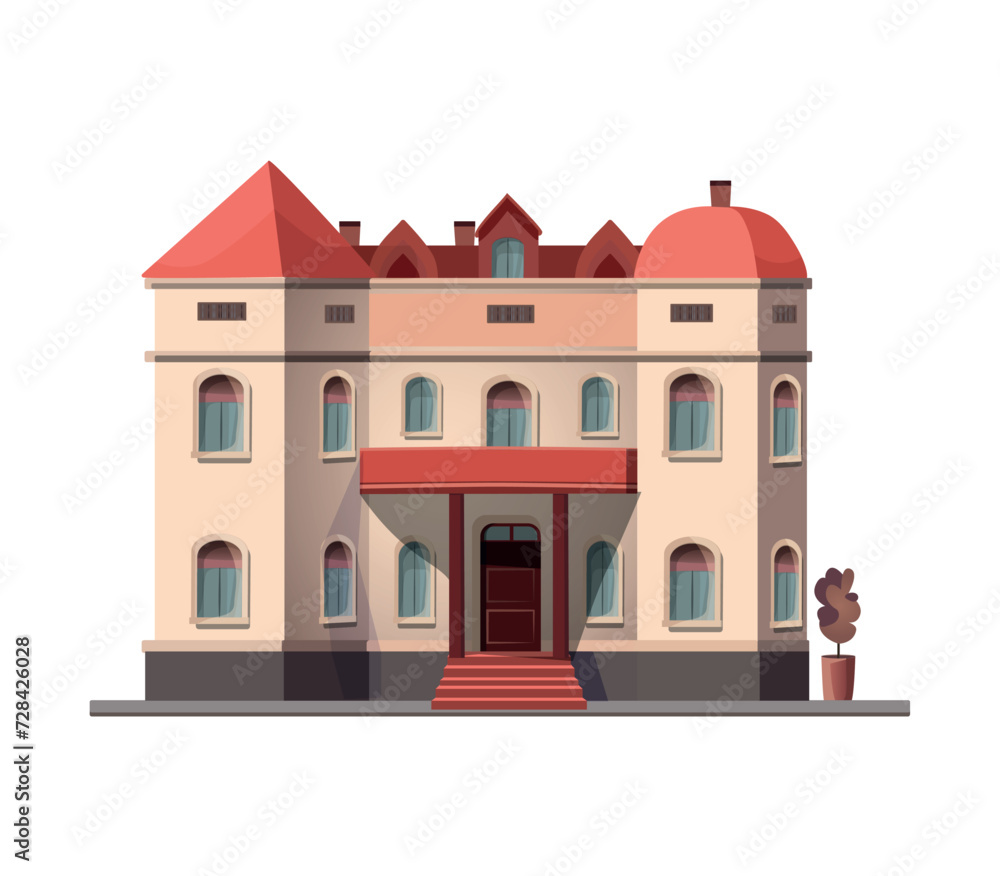 Building of colorful set. Presentation of the architectural elegance of an old-style public building in this charming illustration. Vector illustration.
