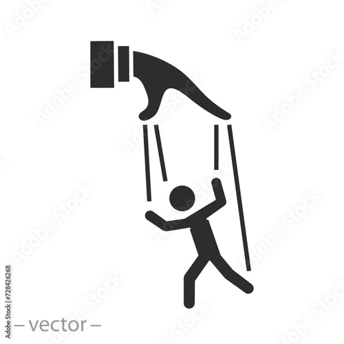 manipulation puppeteer authority icon, hand controlling puppet, social influence, flat symbol on white background - vector illustration