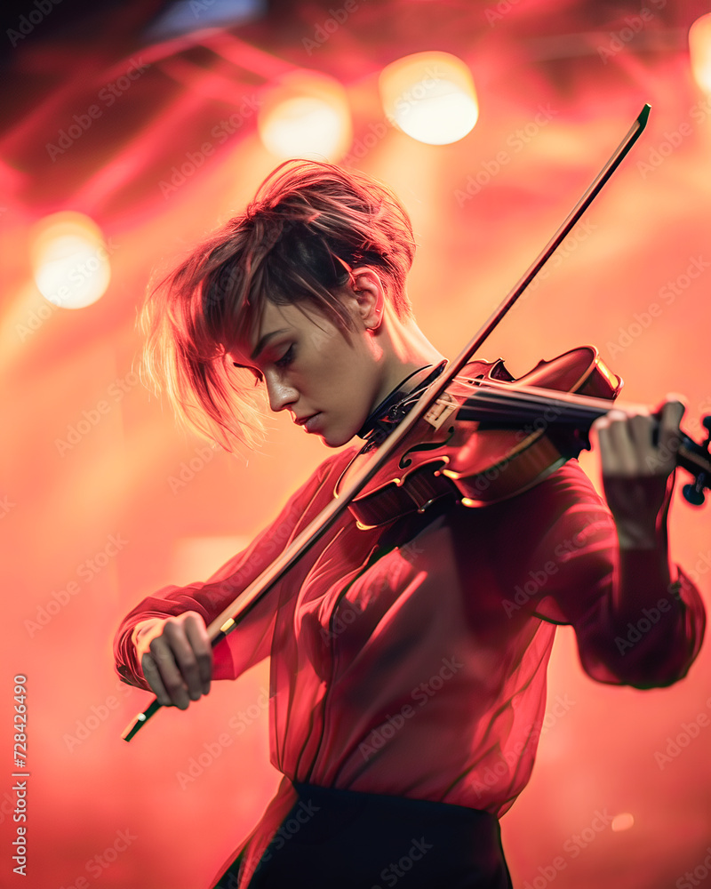 Fototapeta premium Short-haired musician, playing violin passionately.