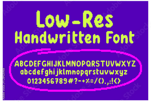 Vector Low-Res Handwritten font alphabet, numbers and symbols