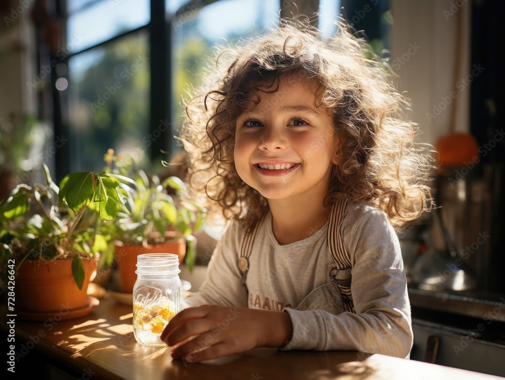 Fototapeta premium Happy Child Smiling with Sunlight in Cozy Kitchen