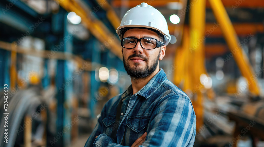 A confident engineer in a hard hat stands with crossed arms in an industrial setting. - obrazy, fototapety, plakaty 