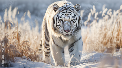 tiger image with green sky in snow, in the style of white and cyan