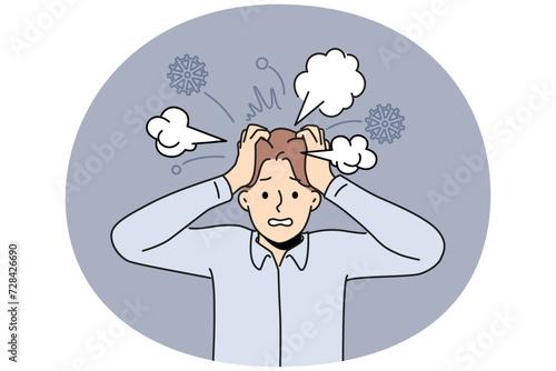 Exhausted businessman with chaos and mess in head suffer from nervous breakdown. Tired emotional man struggle with stress and overwork. Vector illustration.