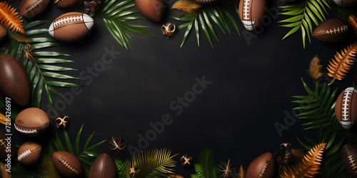 Sports style border design with rugby balls and flatlay grass background photo