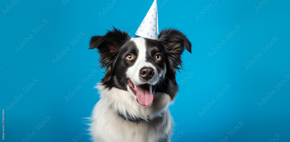 border collie dog wearing party hat, in the style of studio portraiture