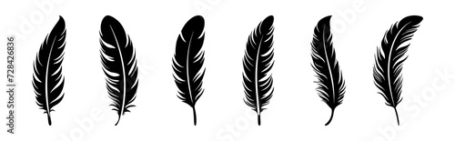 Feather vector illustration, black silhouette on white background. Lightweight sign, quill graphic element