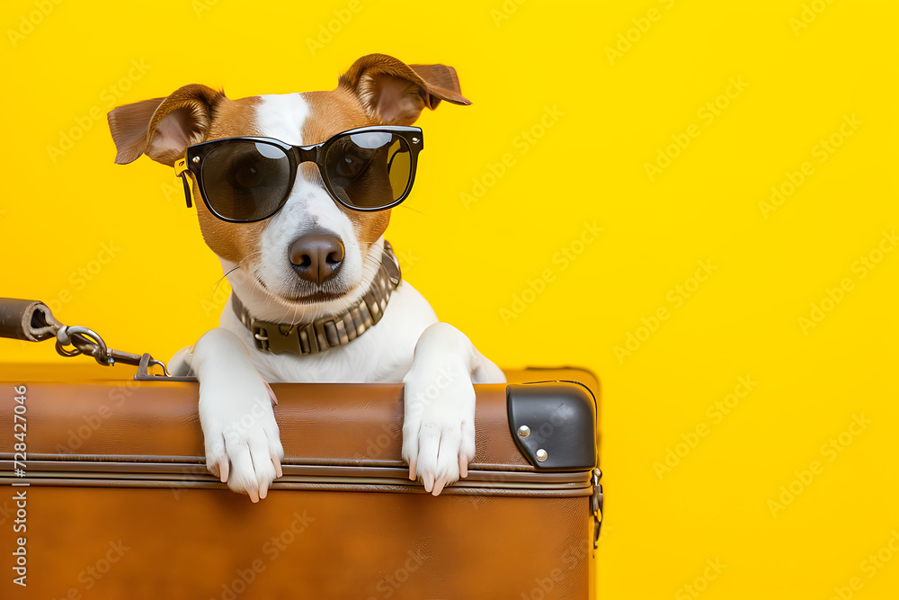 dog on suitcase on vacation isolated on color background