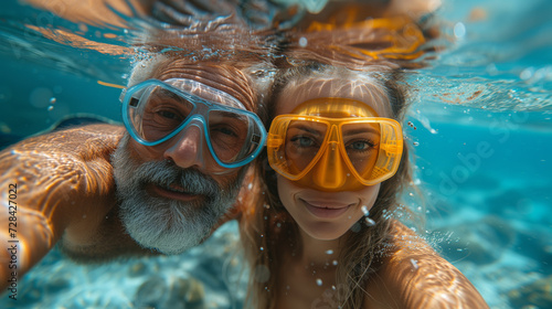Elderly man with a young beautiful girl holidaying at the sea swimming and diving with masks