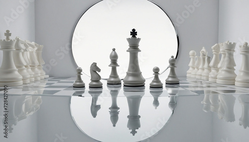 3d render, chess game white pawn piece stands in front of the round mirror with reflection of white queen. Contradiction metaphor. Ambitions concept. Minimalist composition photo