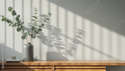 Beautiful shadows grace the light grey wall as the sun illuminates dry eucalyptus branches in a modern grey vase on a wooden TV stand