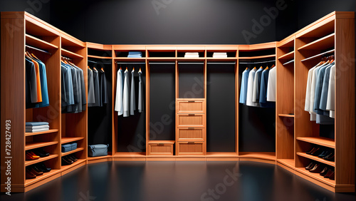 walk-in closet isolated on a black background. rack of dresses photo