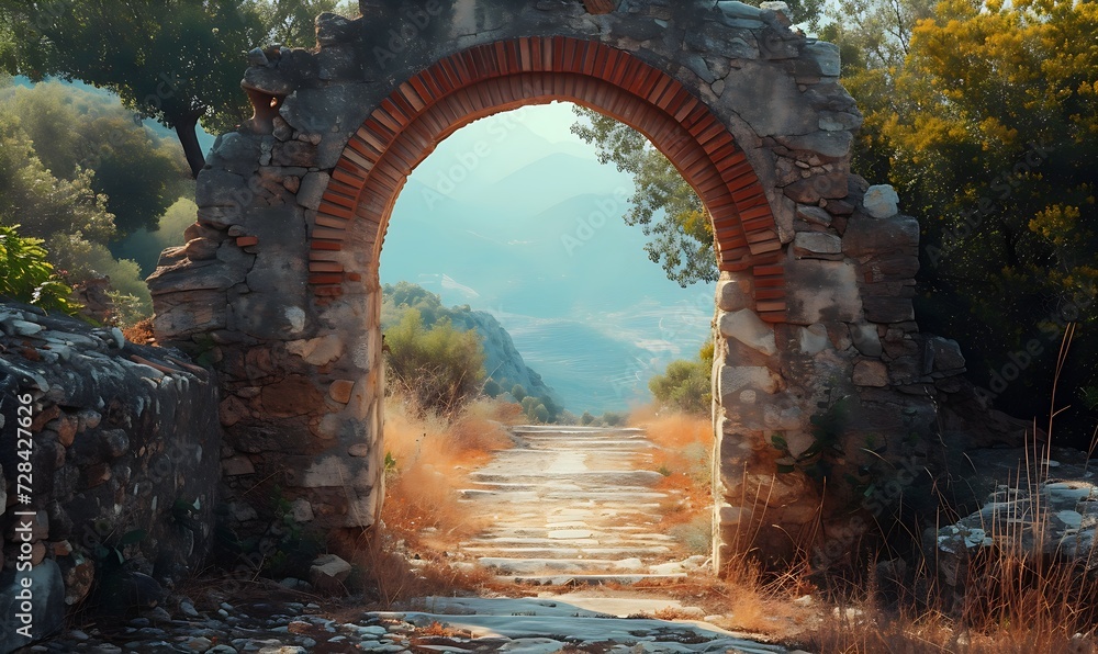 Naklejka premium Ancient stone arch gate with warm sunlight and historic pathway