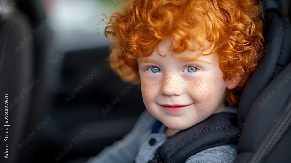 Happy little boy in a car safety seat, concept of traveling safely and ensuring child s protection Happy little boy in a car safety seat, concept of traveling safely and ensuring child s protection