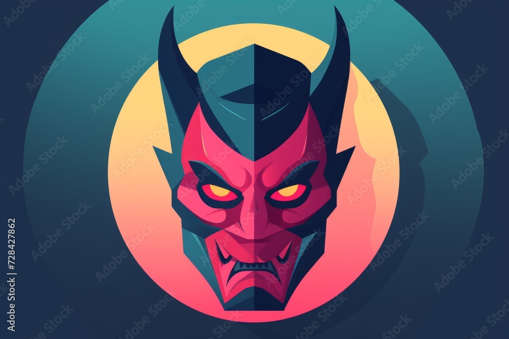 Red Demon With Horns and Fangs
