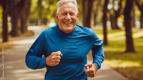 The old grey-haired man is exercising, with his morning jogs, he smiles and runs