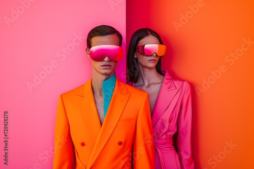 A stylish couple stands confidently against a vibrant wall, their sunglasses and fashionable clothing accentuated by shades of pink and purple photo