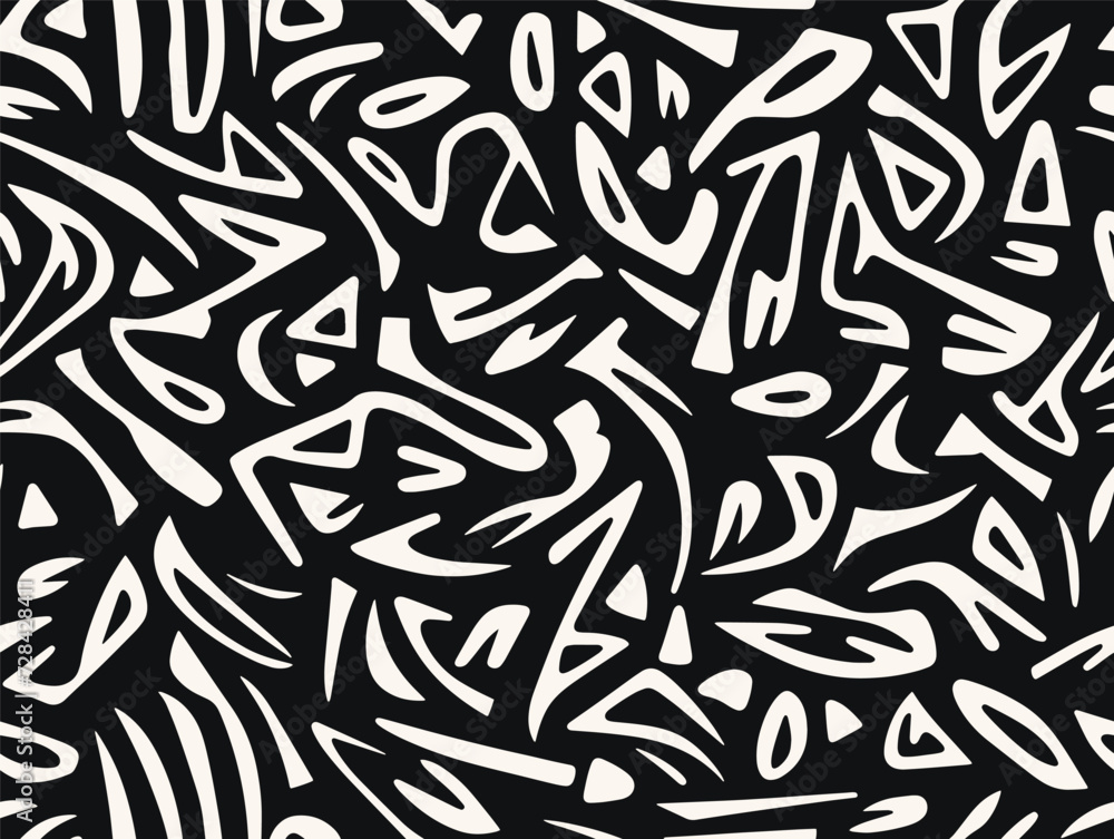 Perfectly seamless pattern, vector repeated abstract african texture. Tribal shapes background, black and white monochrome wallpaper Perfectly seamless pattern, vector repeated abstract african texture. Tribal shapes background, black and white monochrome wallpaper