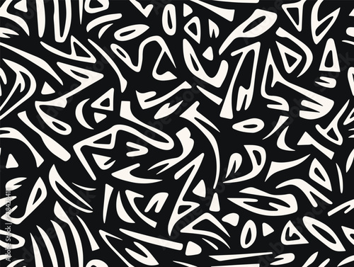 Perfectly seamless pattern  vector repeated abstract african texture. Tribal shapes background  black and white monochrome wallpaper