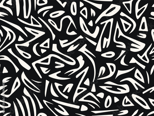 Perfectly seamless pattern, vector repeated abstract african texture. Tribal shapes background, black and white monochrome wallpaper