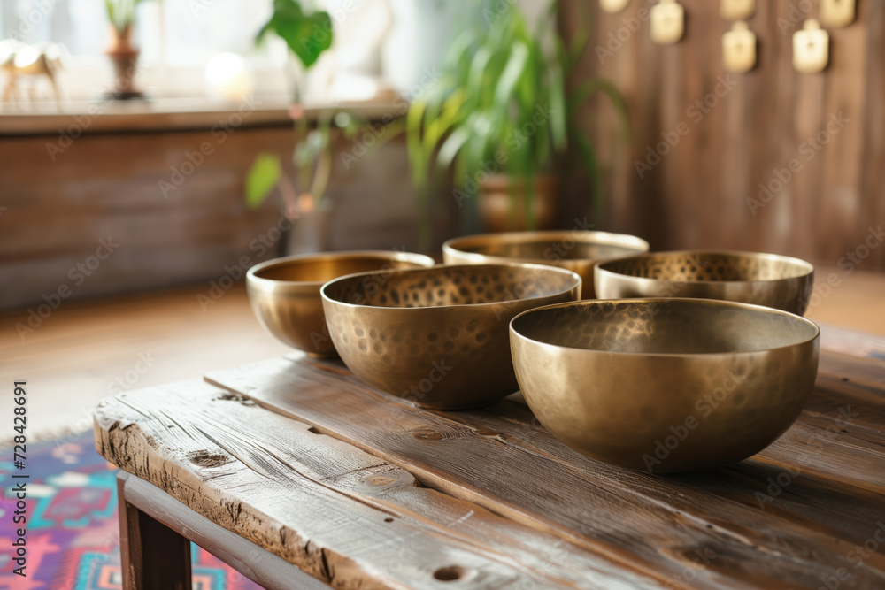 Singing Tibetan bowls, meditation sounds, metal bowls stand on a wooden floor among green plants