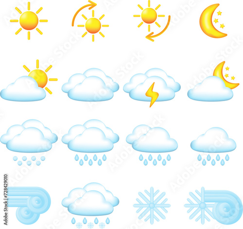 Set of 3D cartoon icon the weather forecast. Vector illustration