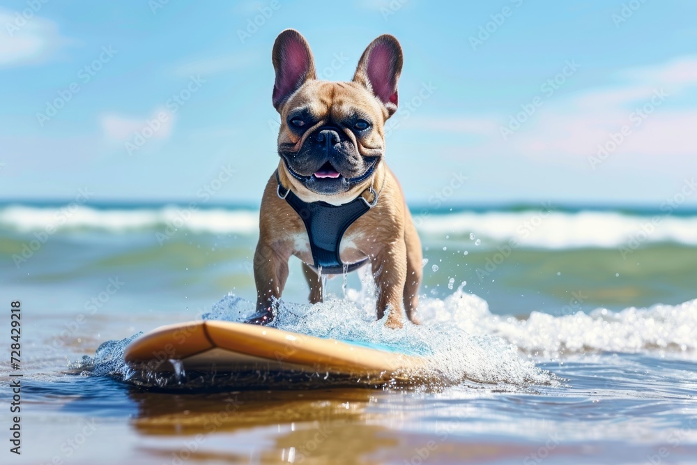 An adventurous bulldog rides the waves on a surfboard, basking in the sun and living its best beach life as a fearless water-loving pet