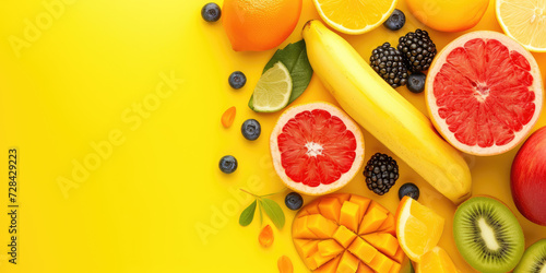 A vibrant arrangement of assorted fresh fruits on a sunny yellow background.