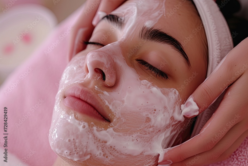 Radiating joy, a smiling woman indulges in self-care, applying a hydrating face mask for a blissful spa day, nurturing her skin and well-being.