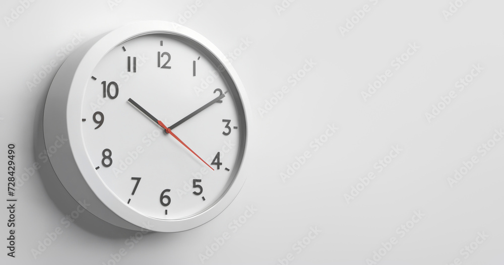 Typical clock on white wall with free space time management concept Typical clock on white wall with free space time management concept