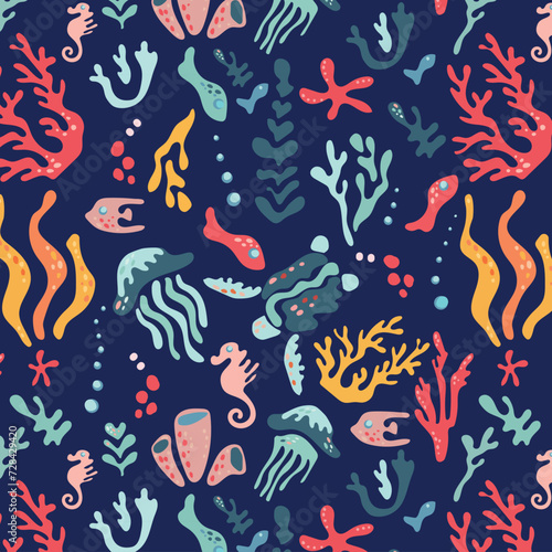 Undersea world. Abstract pattern with sea turtles  jellyfish  fish  algae and coral. Vector repeating pattern for fabric  textile  wallpaper  cards.