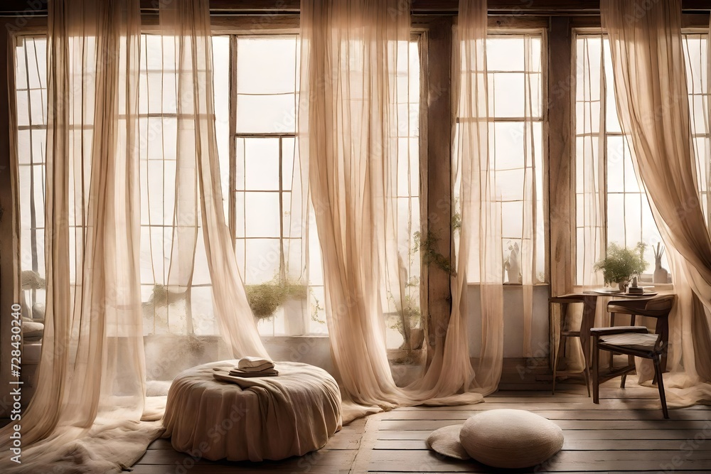 Gauzy muslin curtains, creating a dreamy ambiance.  - obrazy, fototapety, plakaty 