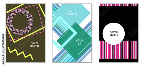 Geometric cover design, set of 3 covers. Abstract unusual background in Memphis style. Bright geometric shapes in random order