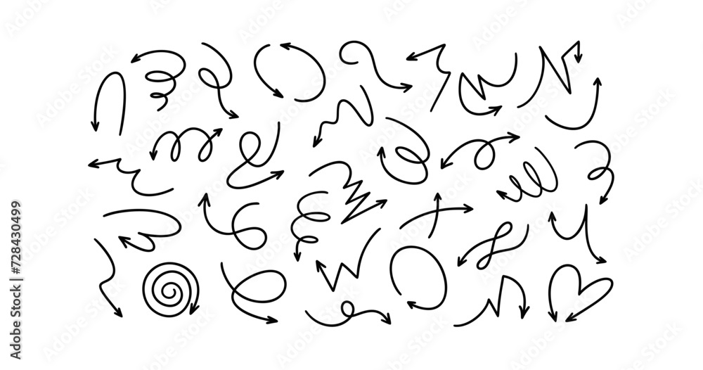 Thin line handdrawn curve arrow set. Doodle sketch pen and pencil freehand scribbble drawing. Left, up, down, side, cross, wavy, spiral, vortex, swirl movement direction. Comic manga style