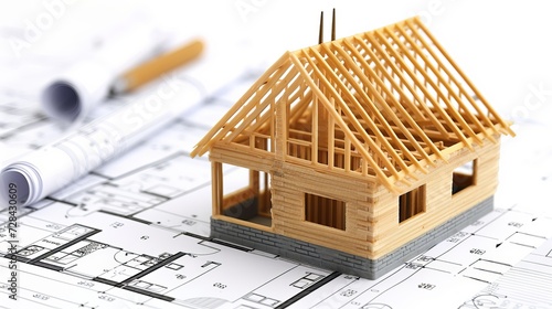 Wooden frame house model under construction on blueprints building project concept