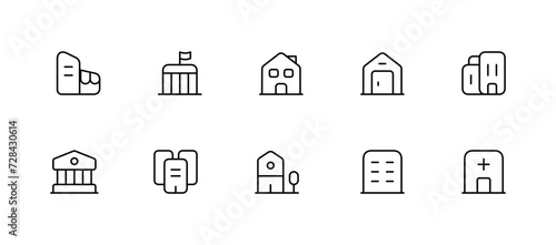 Buildings line icon set. Bank, school, courthouse, university, library. Architecture concept.