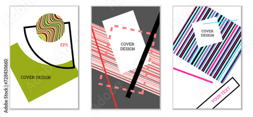 Geometric cover design, set of 3 covers. Abstract unusual background in Memphis style. Bright geometric shapes in random order