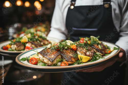 A waiter holding two plates of delicious fish dish at a catering event. photo