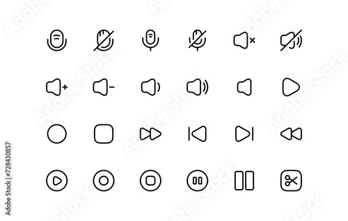 Set of Media player icons in line style and Microphone icon set.