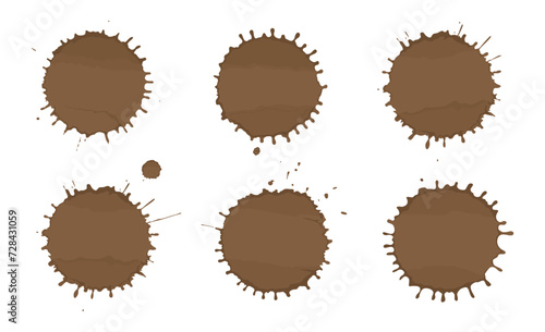 Set of vector coffee stains. Drop and splashes of coffee isolated on white background. Collection of brown spots in round shapes. Hand drawn coffee drop and splashes. Vector illustration